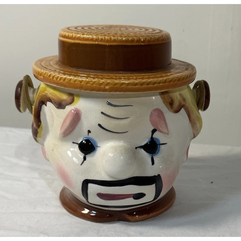 Vintage Lipper and Mann Clown Biscuit Cookie Jar with Handle Made in Japan